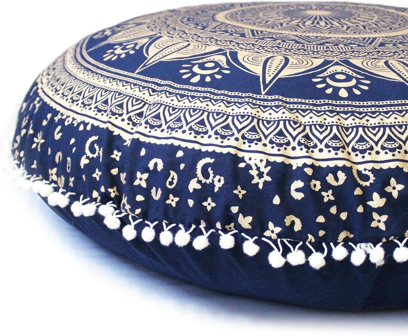 CRAFT KALA كالا كرافت غطاء وسادة أرضية مستديرة من القطن مطبوعة باليد بنقش الماندالا | وسادة جلوس لغرفة المعيشة وغرفة اليوغا وديكور المنزل | الحجم - 32 بوصة | اللون - أزرق وذهبي - Image 3