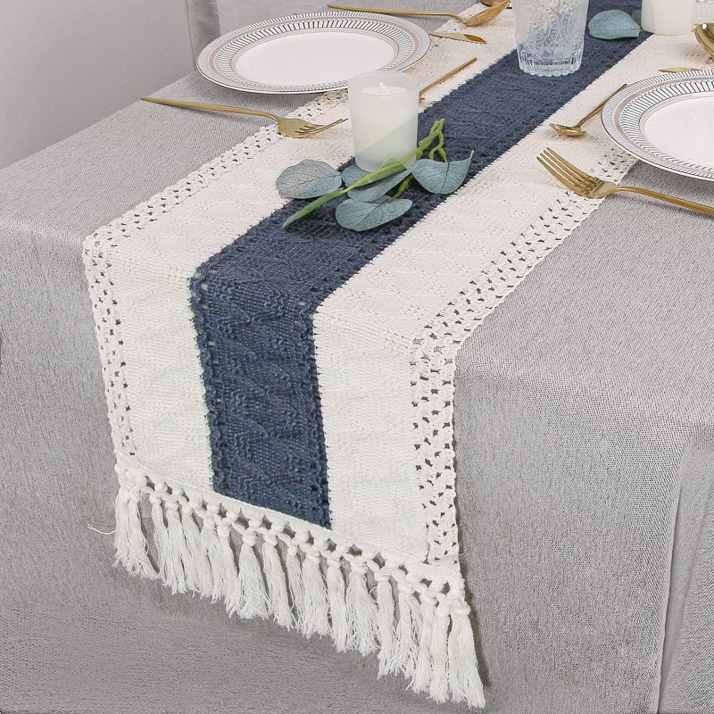FEXIA Boho Blue Table Runner 72 Inches Long with Tassels Macrame Farmhouse Style Party Rustic Wedding Baby Bridal Shower Dining Decor (12x72 Inches) - Image 5