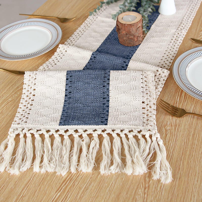FEXIA Boho Blue Table Runner 72 Inches Long with Tassels Macrame Farmhouse Style Party Rustic Wedding Baby Bridal Shower Dining Decor (12x72 Inches) - Image 4