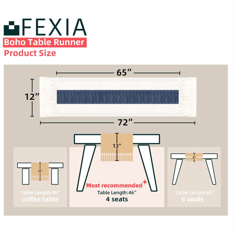 FEXIA Boho Blue Table Runner 72 Inches Long with Tassels Macrame Farmhouse Style Party Rustic Wedding Baby Bridal Shower Dining Decor (12x72 Inches) - Image 2