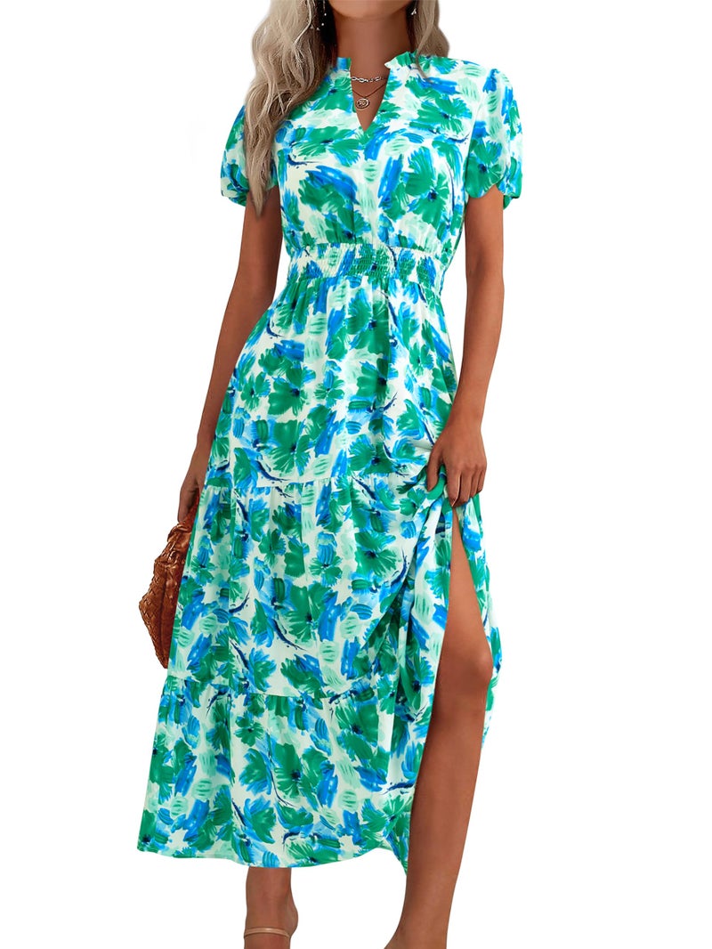 MASCOMODA Summer Maxi Dresses for Women 2025 Casual V Neck Puff Short Sleeve Smocked Flowy Beach Boho Long Floral Dress(Green Flower,Medium) - Image 1