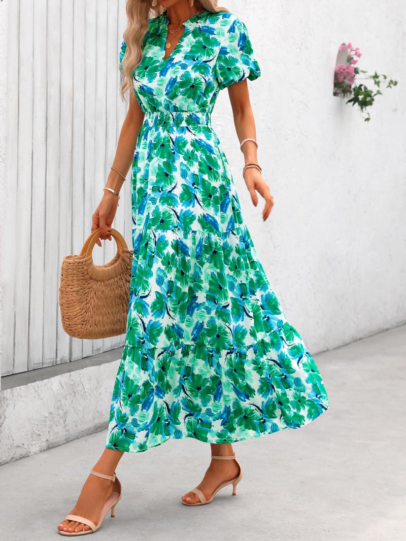 MASCOMODA Summer Maxi Dresses for Women 2025 Casual V Neck Puff Short Sleeve Smocked Flowy Beach Boho Long Floral Dress(Green Flower,Medium) - Image 3