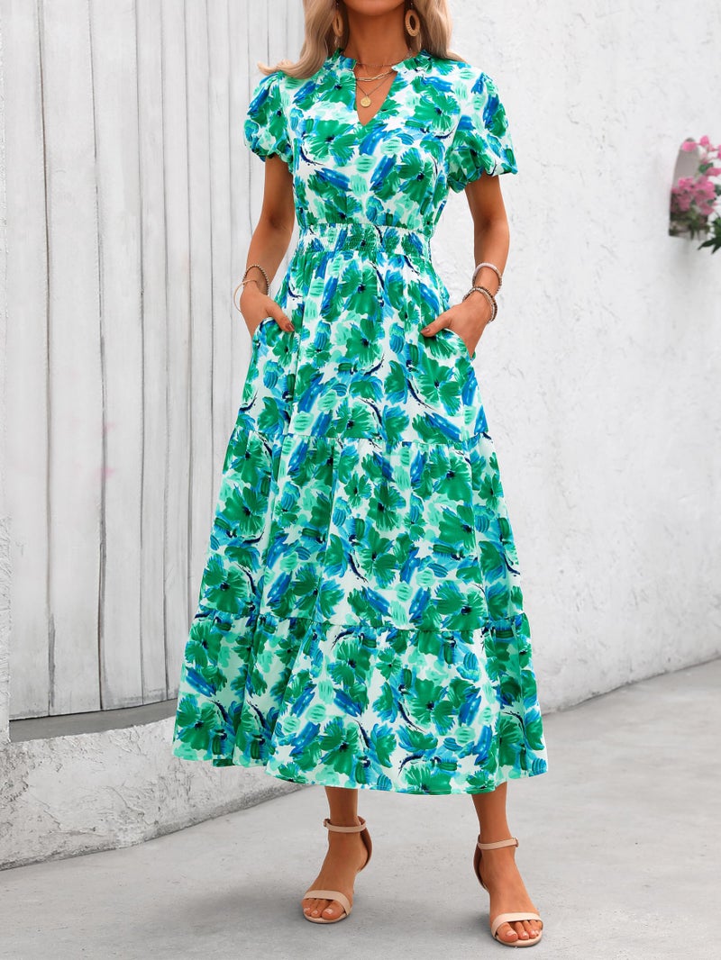 MASCOMODA Summer Maxi Dresses for Women 2025 Casual V Neck Puff Short Sleeve Smocked Flowy Beach Boho Long Floral Dress(Green Flower,Medium) - Image 2