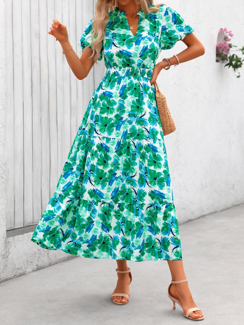 MASCOMODA Summer Maxi Dresses for Women 2025 Casual V Neck Puff Short Sleeve Smocked Flowy Beach Boho Long Floral Dress(Green Flower,Medium) - Image 4
