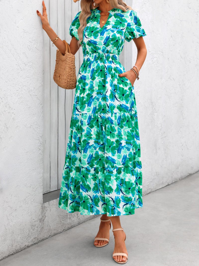 MASCOMODA Summer Maxi Dresses for Women 2025 Casual V Neck Puff Short Sleeve Smocked Flowy Beach Boho Long Floral Dress(Green Flower,Medium) - Image 5