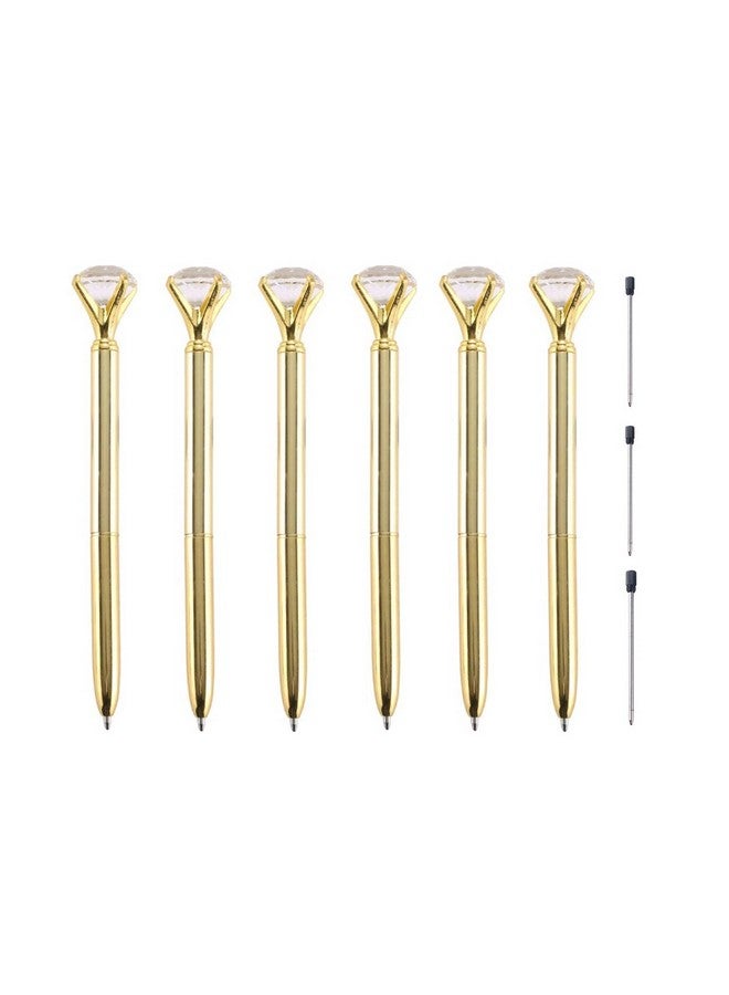 ONWON 6 Pieces Big Crystal Diamond Pens Gold Metal Ballpoint Pens & 3 Pieces Ballpoint Pen Refills In Black Ink - Image 1