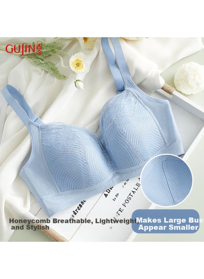 Gujin Women's Large Bust Minimizing Wireless Push-up Breathable Lace Bra Blue 80c
