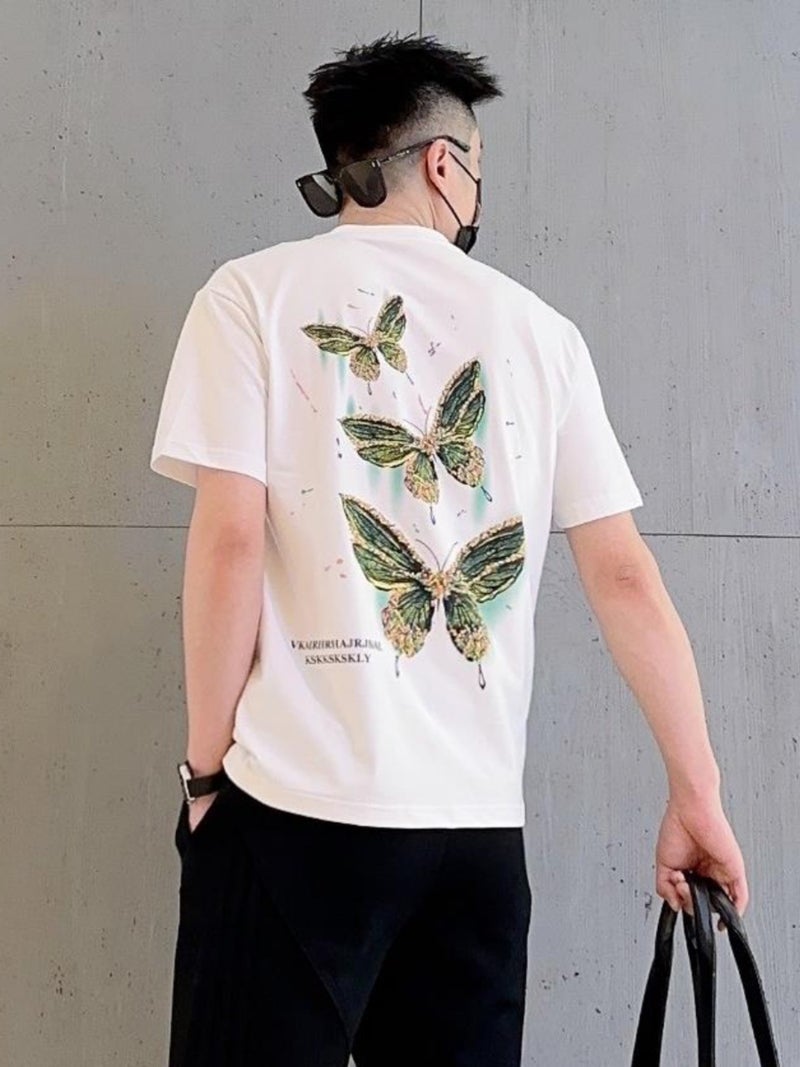 2024 Short-Sleeved T-Shirt Men'S Internet Celebrant Same Style Painted Butterfly Printed Half Sleeve Korean Casual Couple T-Shirt - Image 3