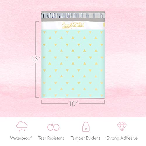 Pack It Chic - 10X13 (100 Pack) Mint Gold Triangles Poly Mailer Envelope Plastic Custom Mailing & Shipping Bags - Self Seal - Image 2