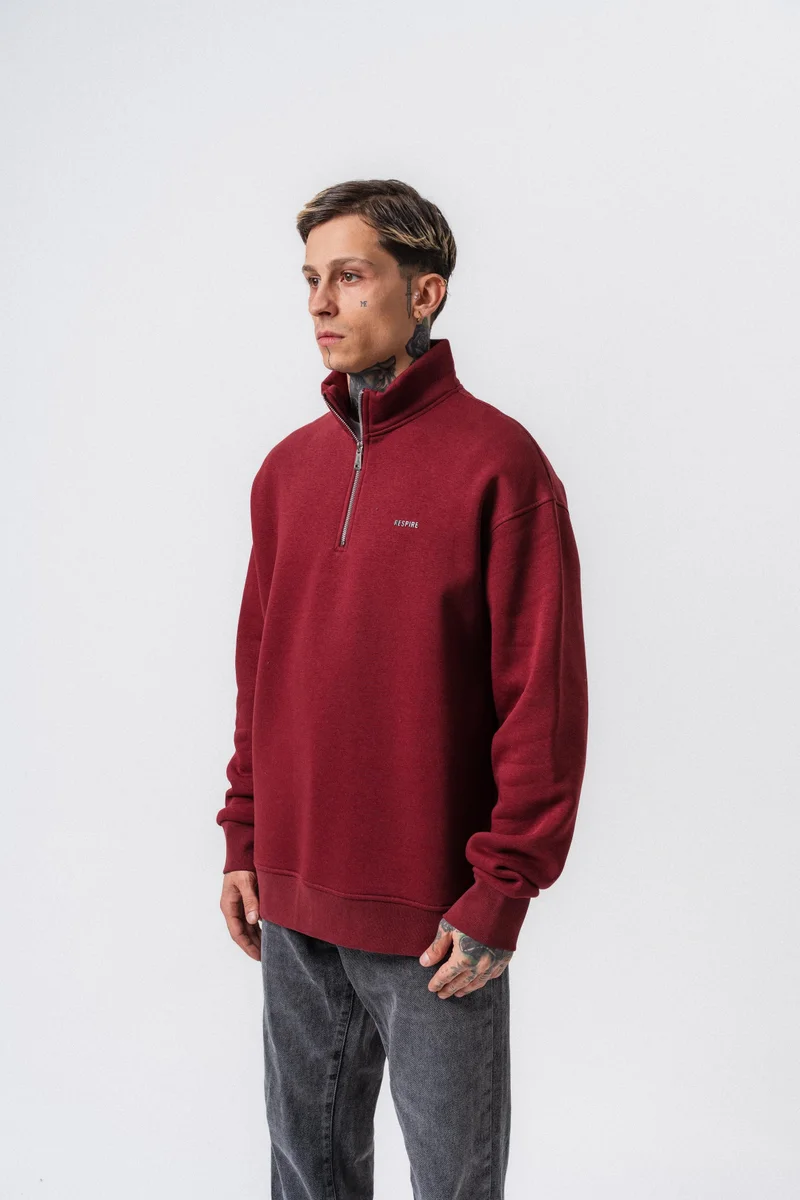 RESPIRE Men's Respire Letter Detail Basic Half-Zip Sweatshirt Bordeaux