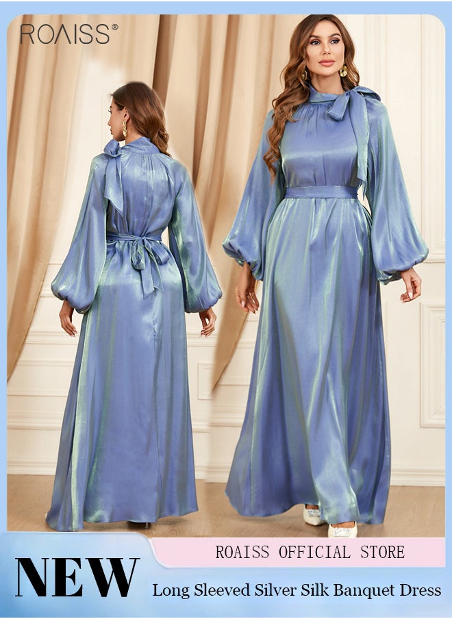 roaiss - Women's Banquet Shiny Silver Silk Dress High Neck Lantern Long Sleeved Long Dress Detachable Belt Elegant Formal Dress - Image 1