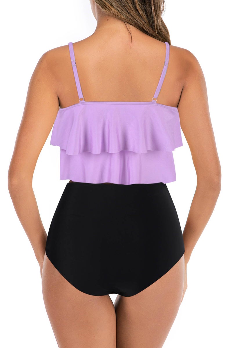 Adisputent Womens High Waisted Bathing Suits Flounce Halter Tank Top Bikini Bottoms Tummy Control Modest Swimwear Two Piece Swimsuits Tankini Purple Black L - Image 2