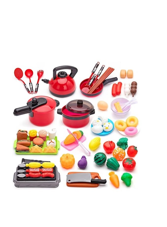 73 قطعة من ألعاب إكسسوارات المطبخ، مجموعة ألعاب مطبخ للأطفال الصغار، بما في ذلك الأواني والمقالي والفواكه، ألعاب المطبخ المزيفة للأطفال - Image 1