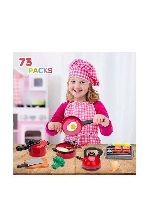 73 قطعة من ألعاب إكسسوارات المطبخ، مجموعة ألعاب مطبخ للأطفال الصغار، بما في ذلك الأواني والمقالي والفواكه، ألعاب المطبخ المزيفة للأطفال - Image 3