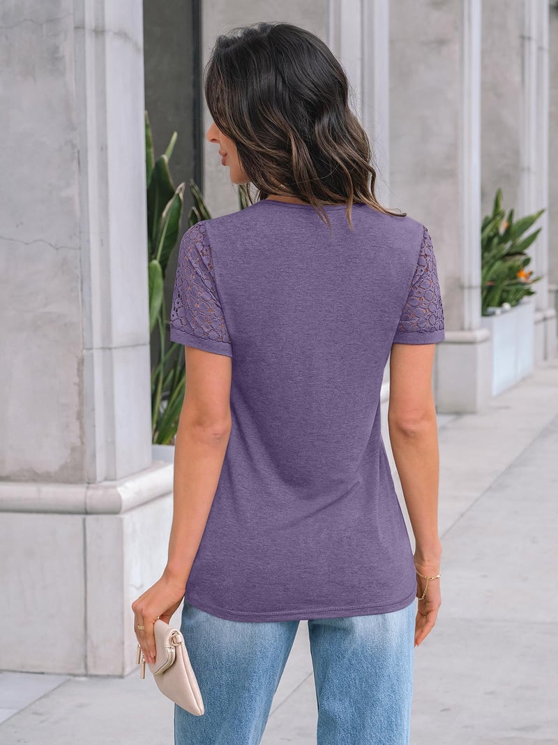 AUTOMET Short Sleeve Shirts for Women Summer Tops 2026 Spring Fashion Dressy Casual Outfits Lace Trendy Top Cute Work T Shirt Business Vacation Clothes Blouses Purple XL - Image 4