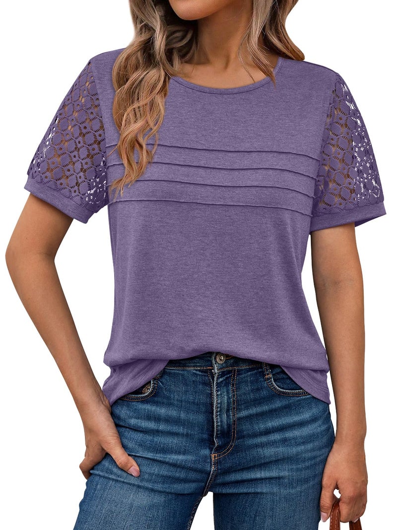 AUTOMET Short Sleeve Shirts for Women Summer Tops 2026 Spring Fashion Dressy Casual Outfits Lace Trendy Top Cute Work T Shirt Business Vacation Clothes Blouses Purple XL - Image 1
