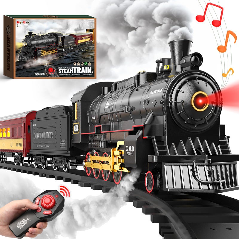 Hot Bee Train Set for BoysRemote Control Christmas Train Sets wSteam LocomotiveLight Passenger Cars TracksTrains Toys wSmokeWhistle LightsChristmas Toys Gifts for 3 4 5 6 7 8 Year Old Kids - Image 2