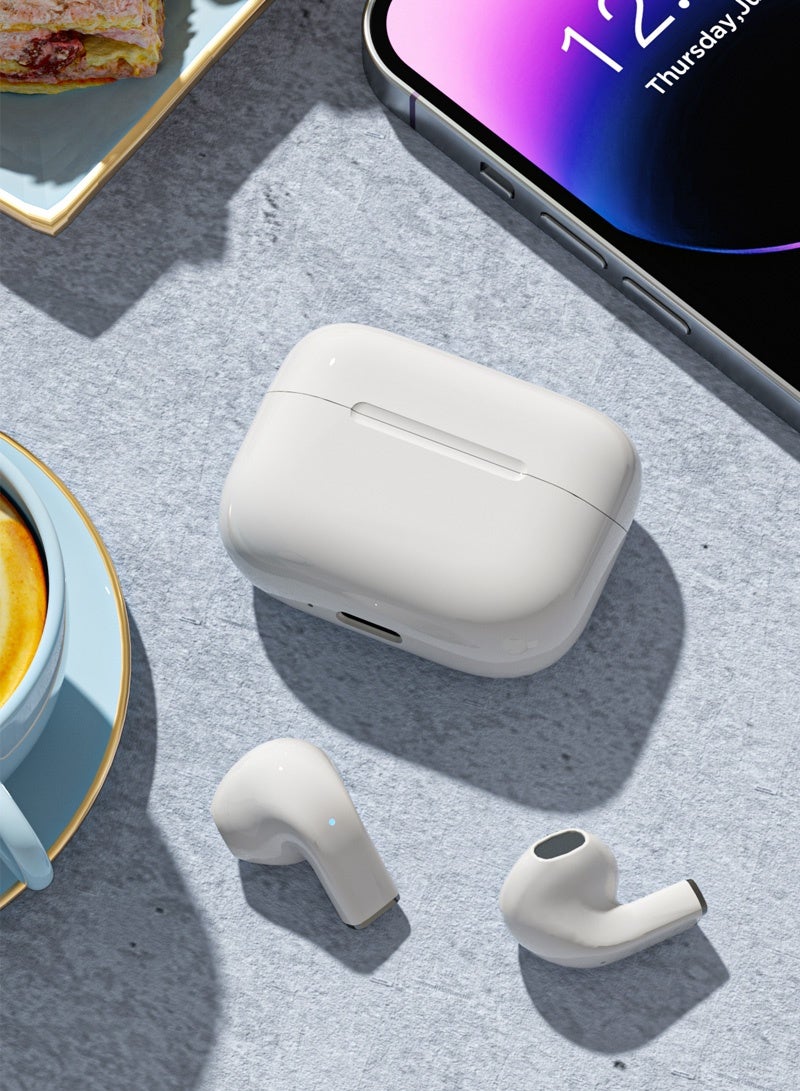 سماعات أذن لاسلكية صغيرة بتقنية بلوتوث 5.4، توفر 3 ساعات من وقت التشغيل، بتصميم شبه داخل الأذن، مع كابل USB إلى Type-C، باللون الأبيض. - Image 3