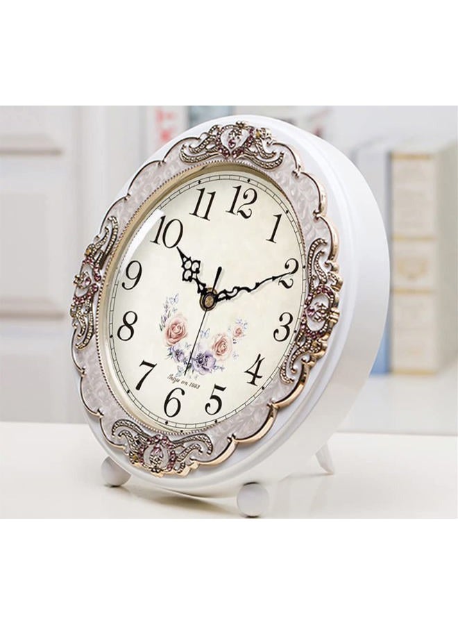 Justup Vintage Wooden Table Clock, Retro Non-Ticking European Style Beside Mantle Desk Clock Battery Operated Silent Quartz Movement for Bedroom Living Room Indoor Decor (White-Rose) - Image 3