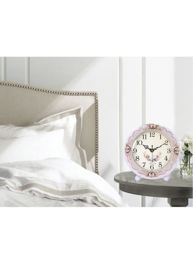 Justup Vintage Wooden Table Clock, Retro Non-Ticking European Style Beside Mantle Desk Clock Battery Operated Silent Quartz Movement for Bedroom Living Room Indoor Decor (White-Rose) - Image 5