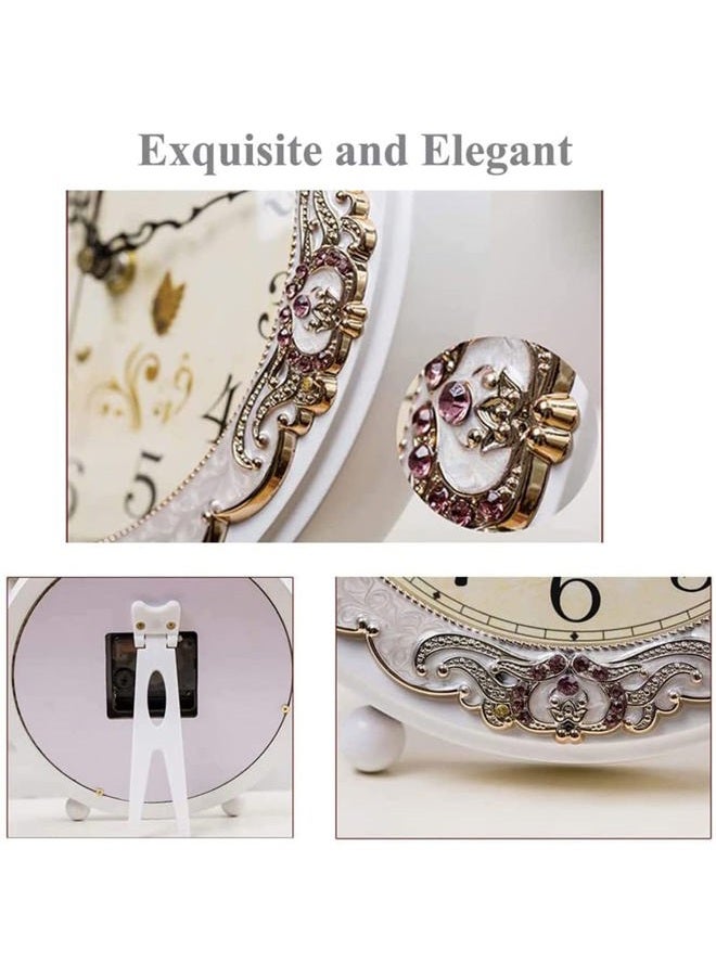 Justup Vintage Wooden Table Clock, Retro Non-Ticking European Style Beside Mantle Desk Clock Battery Operated Silent Quartz Movement for Bedroom Living Room Indoor Decor (White-Rose) - Image 4