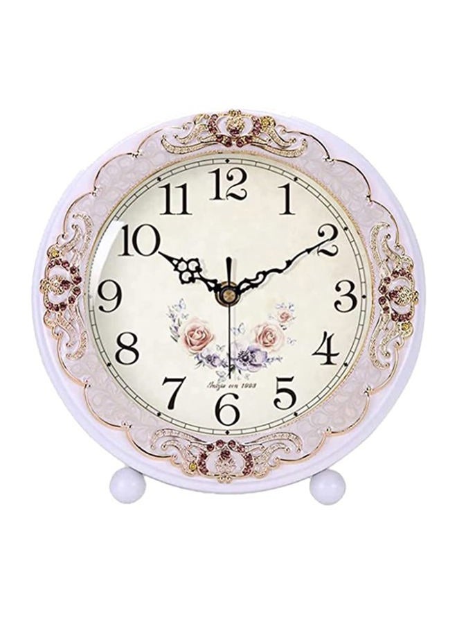 Justup Vintage Wooden Table Clock, Retro Non-Ticking European Style Beside Mantle Desk Clock Battery Operated Silent Quartz Movement for Bedroom Living Room Indoor Decor (White-Rose) - Image 1