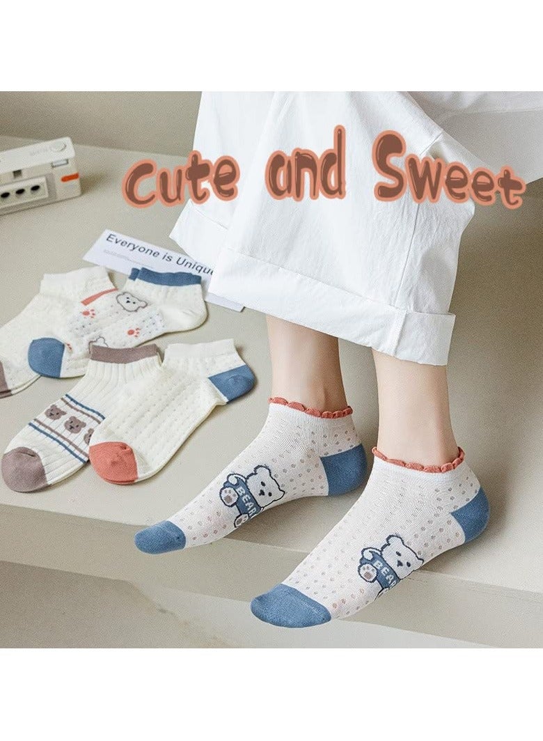 Cute Socks for Women, 5 Pairs Bear Patterned Design Combed Cotton Mesh Breathable Ankle Socks, Cute Ankle Socks for Women - Image 4