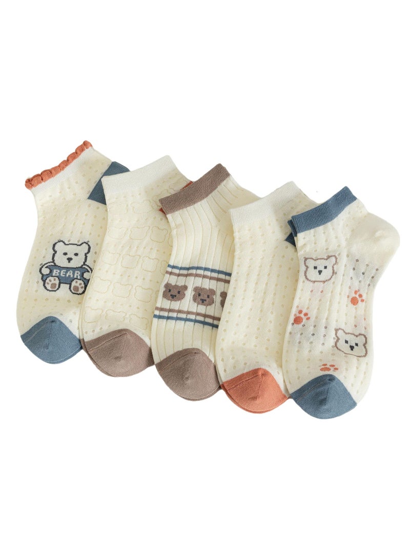 Cute Socks for Women, 5 Pairs Bear Patterned Design Combed Cotton Mesh Breathable Ankle Socks, Cute Ankle Socks for Women - Image 1