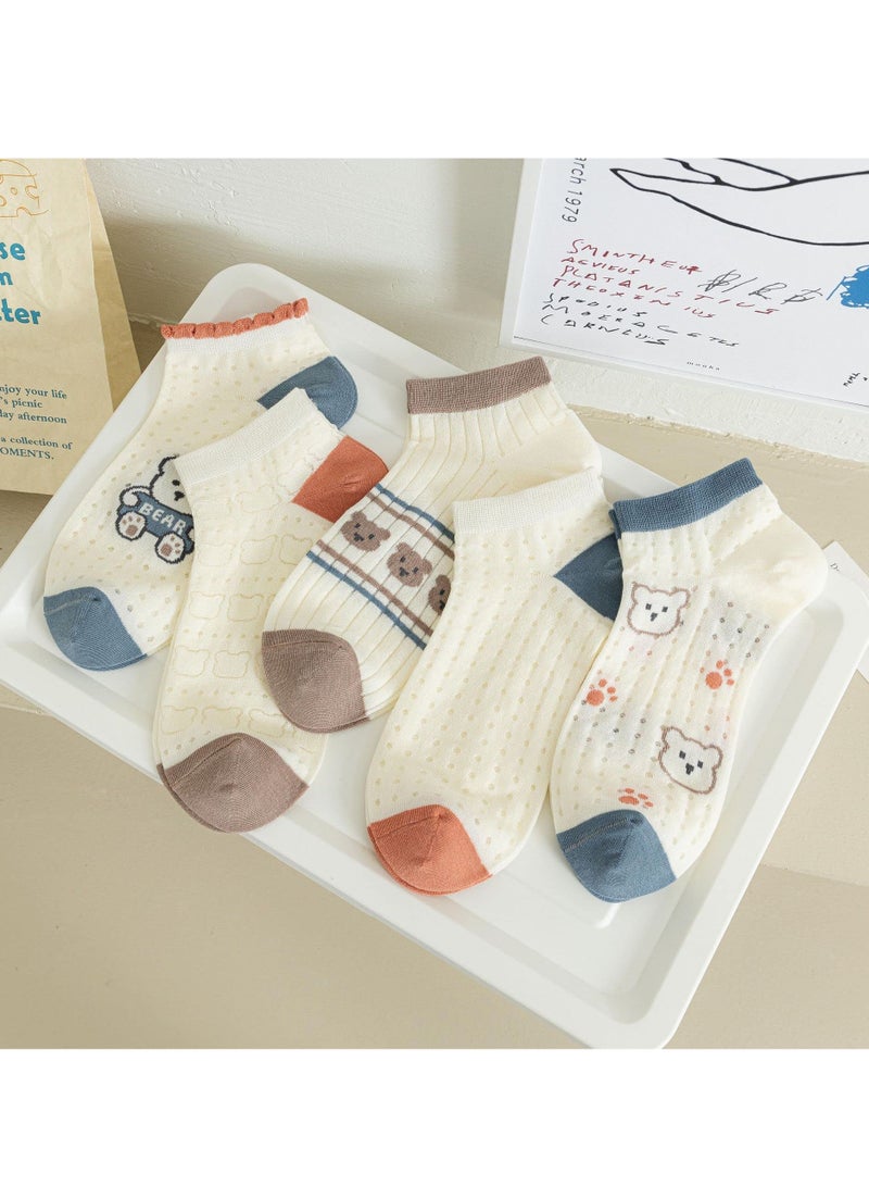 Cute Socks for Women, 5 Pairs Bear Patterned Design Combed Cotton Mesh Breathable Ankle Socks, Cute Ankle Socks for Women - Image 2