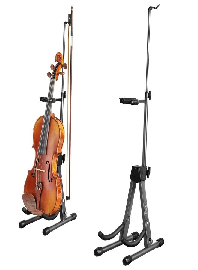 Augioth New Upgraded Anti-Tipping Design in Violin Stand with Bow Holder. Adjustable height, non-slip base, and protective head lock. Foldable and portable design for violins, violas, mandolins, and ukuleles.Gray Lockable - Image 1