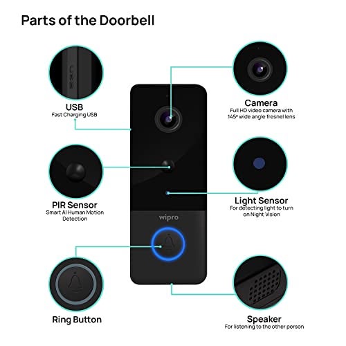 Wipro Smart Wireless Doorbell | 2 MP 1080p Full HD Camera with Night Vision | AI Smart Motion Detection | Two-Way Communication | Wireless Chime with 52 Tunes | IP65 Protection | Black - Image 5