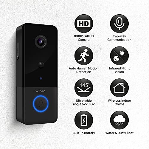 Wipro Smart Wireless Doorbell | 2 MP 1080p Full HD Camera with Night Vision | AI Smart Motion Detection | Two-Way Communication | Wireless Chime with 52 Tunes | IP65 Protection | Black - Image 3