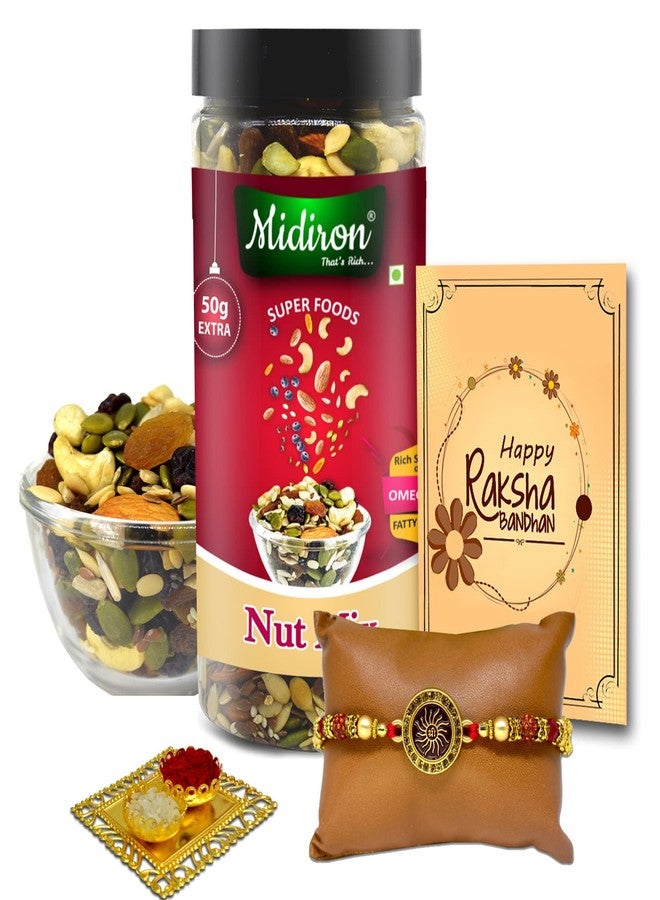 Midiron Rakhi gift for Brother | Rakhi with Nut Mix Dry Fruit Gift Set | Rakhi for brother with dry fruit | Rakhi with dry fruits combo | Rakhi combo pack for Bhaiya | Rakhi with Nut Mix Dry Fruit, Roli and Greeting Card Gift Set - Image 1