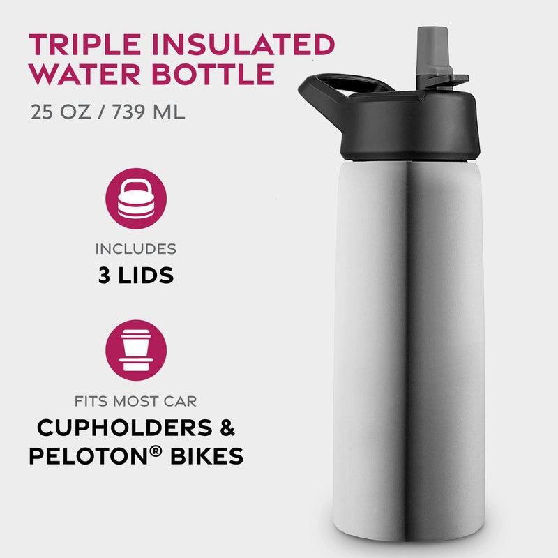 FineDine Triple Walled, Insulated Water Bottles with Straw - 25 Oz Stainless Steel Metal Bottle W/ 3 Leak Proof Lids - For Travel, School, Sports, Gym/Men, Women & Kids - Inky Raven Black - Image 2