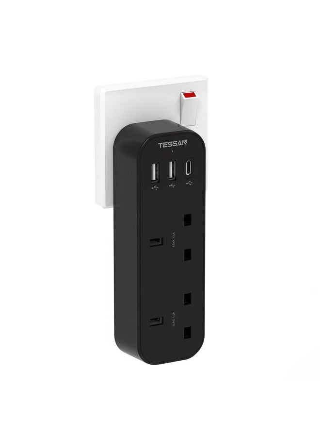 Multi Plug Extension With 3 USB, Double Plug Adaptor Multi Plug Extension, 2 Way Double Plug With USB C Fast Charger Plug, Slim Multiple Plug Socket AE TESSAN 5 In 1 Multi Plug Extension Socket Multiplug Extender Wall Charger, Universal Plug Adapter, Charging Station For Kitchen, Office, School Supplies Black