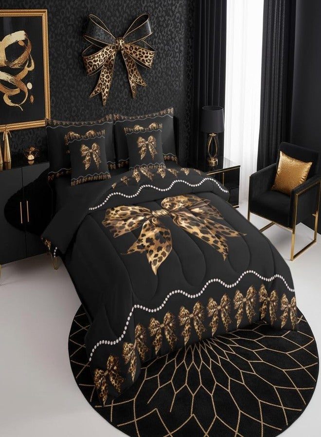 Castle Fairy Leopard Print Bow Comforter Set with Sheets Cheetah African Animal Skin Print Bedding Sets Leopard Bowknot Modern Fashion All Season Bedroom Dorm Decor Lightweight Bed Set 7 Pcs Twin Size - Image 2