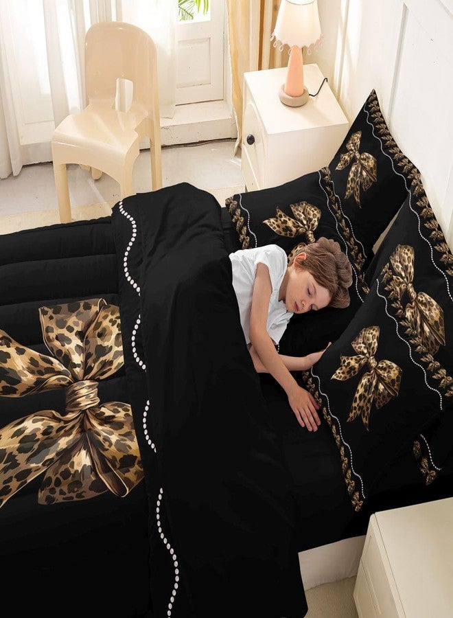 Castle Fairy Leopard Print Bow Comforter Set with Sheets Cheetah African Animal Skin Print Bedding Sets Leopard Bowknot Modern Fashion All Season Bedroom Dorm Decor Lightweight Bed Set 7 Pcs Twin Size - Image 3