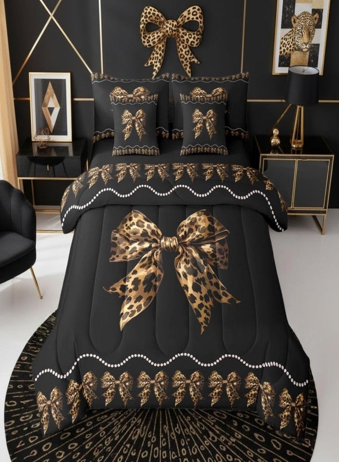 Castle Fairy Leopard Print Bow Comforter Set with Sheets Cheetah African Animal Skin Print Bedding Sets Leopard Bowknot Modern Fashion All Season Bedroom Dorm Decor Lightweight Bed Set 7 Pcs Twin Size - Image 1