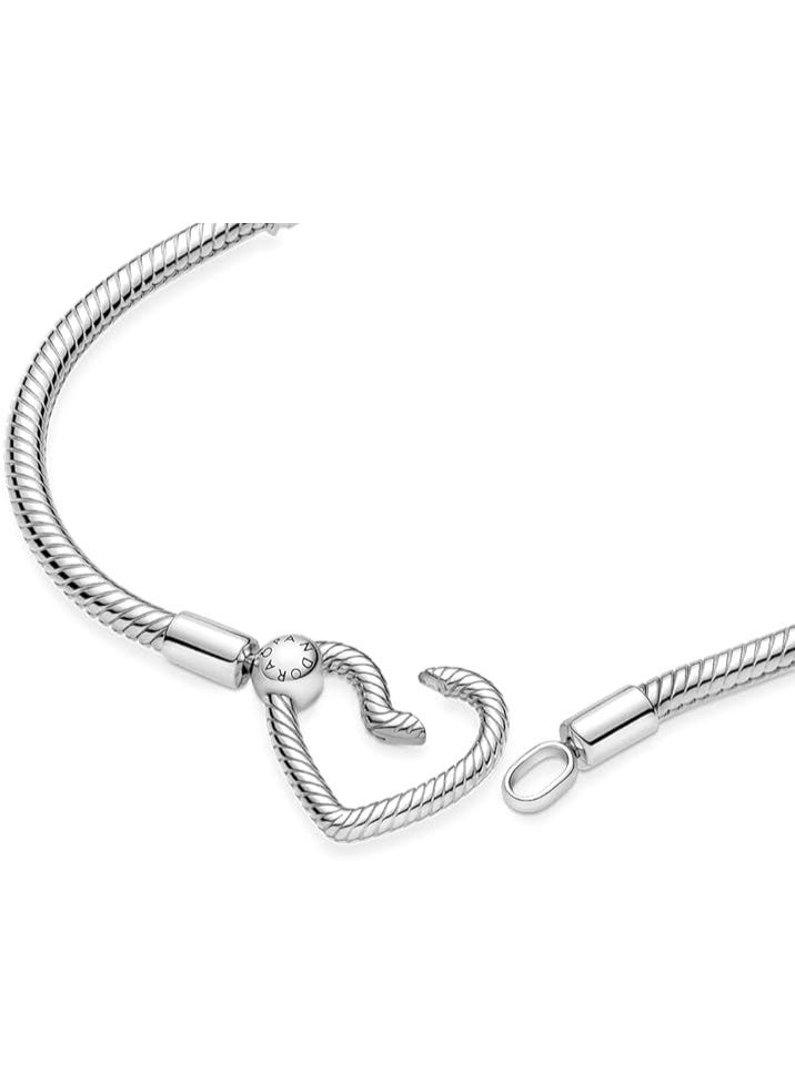 PANDORA Snake Chain Sterling Silver Bracelet with Heart Clasp - Image 4