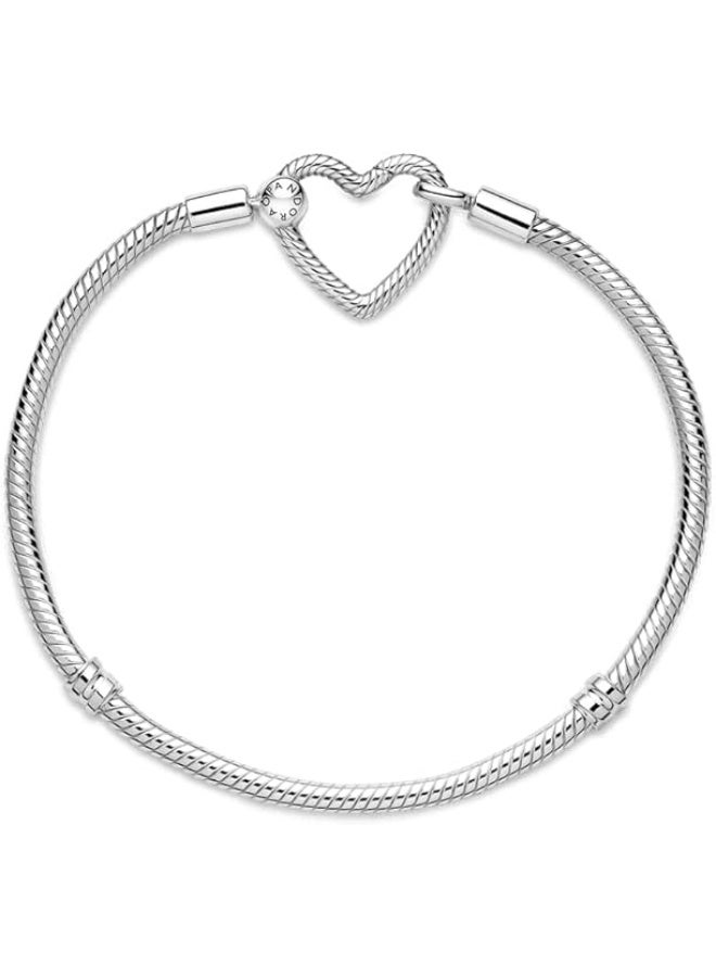 PANDORA Snake Chain Sterling Silver Bracelet with Heart Clasp - Image 3