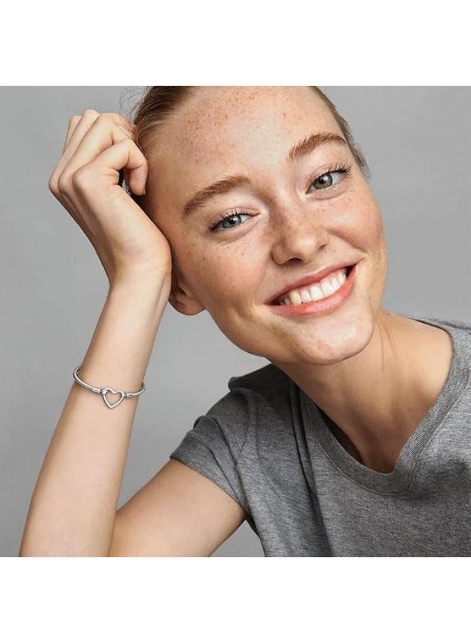 PANDORA Snake Chain Sterling Silver Bracelet with Heart Clasp - Image 5