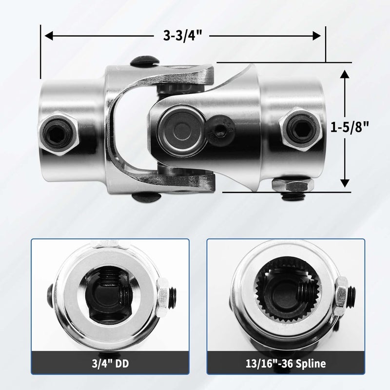 RABROPAR 13/16" 36 Spline X 3/4" DD Single Steering Shaft Universal U Joint Coupling Chrome 3-1/4" Overall Length - Image 2