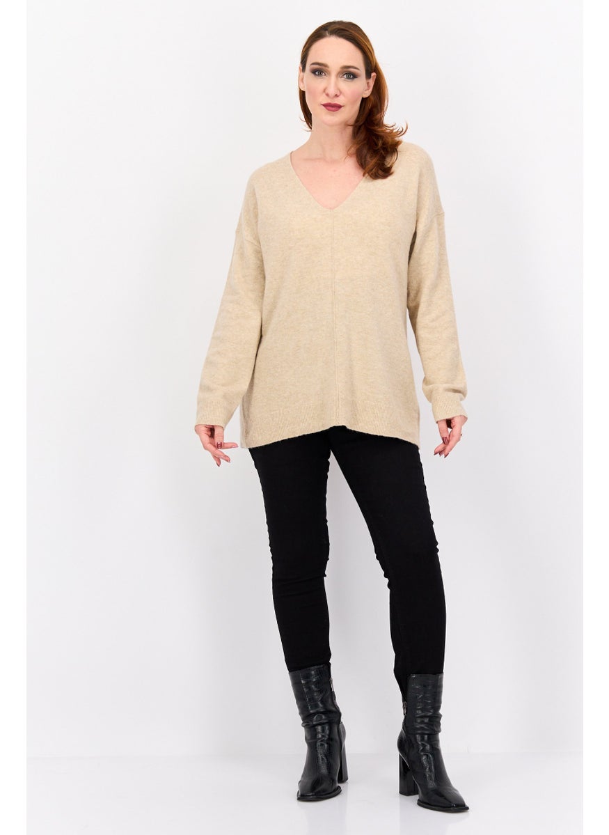 ESPRIT Women V-Neck Long Sleeves Knitted Sweater, Tan  - Image 4