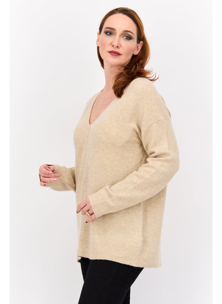 ESPRIT Women V-Neck Long Sleeves Knitted Sweater, Tan  - Image 2