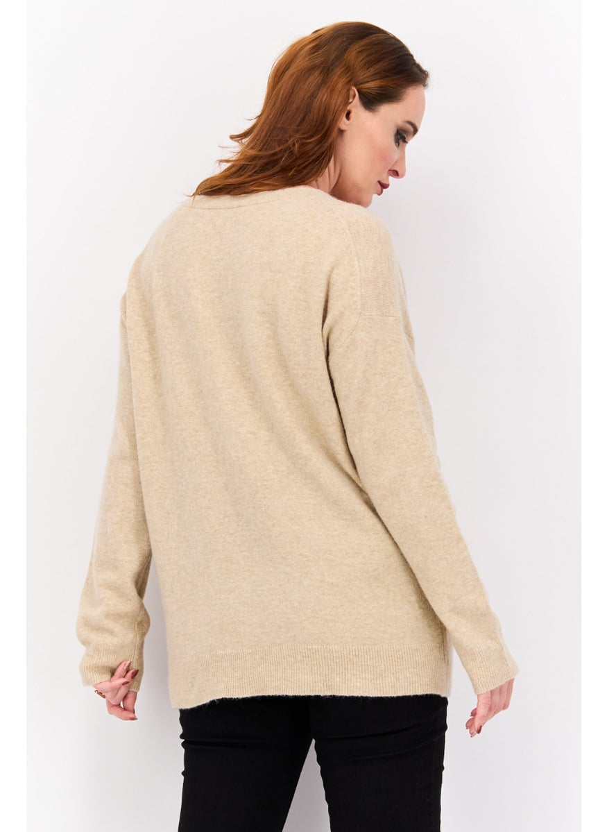 ESPRIT Women V-Neck Long Sleeves Knitted Sweater, Tan  - Image 3