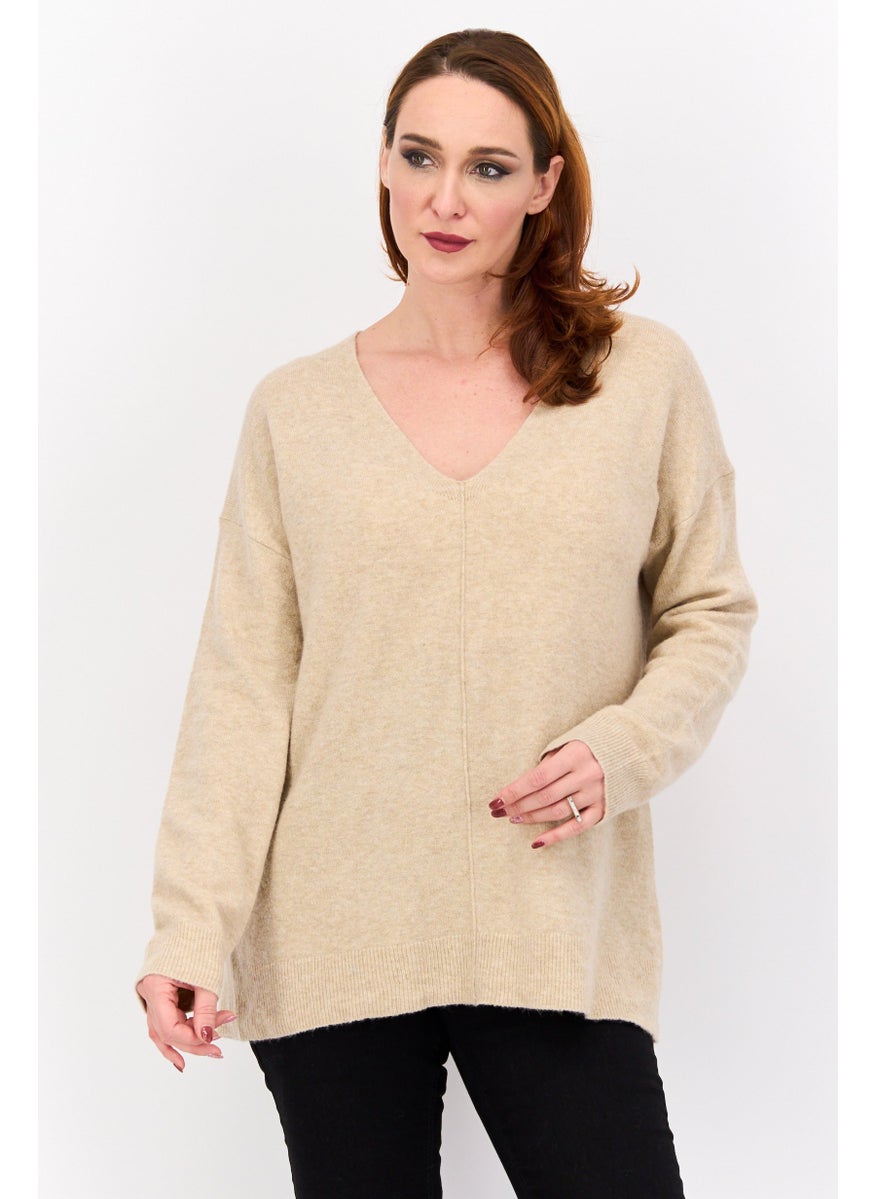 ESPRIT Women V-Neck Long Sleeves Knitted Sweater, Tan  - Image 1