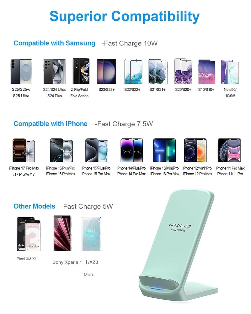 NANAMI Upgraded Fast Wireless Charger,Qi-Certified Wireless Charging Stand for Samsung Galaxy S24/S23/S22/S21/S20/S10/S9/Note 20 & Qi Phone Charger for iPhone 16/16 Plus/16 Pro/16 Pro Max/15/14/13/12 - Image 2