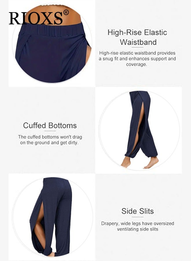 RIOXS Cropped Pants Harem Bouffant Soft Loose Yoga Pilates Pants Side Split Trousers  - Image 3