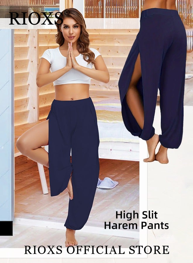 RIOXS Cropped Pants Harem Bouffant Soft Loose Yoga Pilates Pants Side Split Trousers  - Image 5