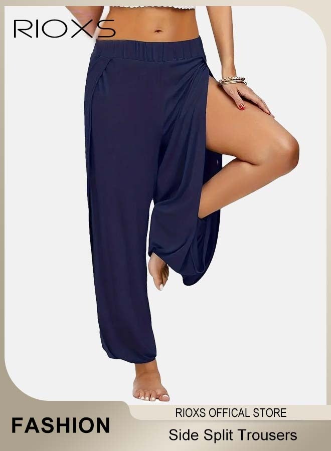 RIOXS Cropped Pants Harem Bouffant Soft Loose Yoga Pilates Pants Side Split Trousers  - Image 1